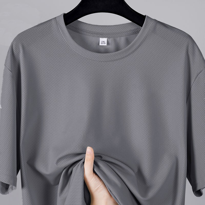 Ice Silk T-Shirt Men's Sports Cool Mesh Breathable Half Sleeve Loose plus size Solid Color Cheap Top Quick Dry T Wholesale