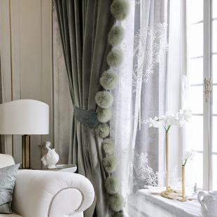 French-Style Light Luxury Green Retro Luxurious Curtains with Fur Pom-Poms, American-Style Blackout Velvet High-End Villa European-Style Bedroom