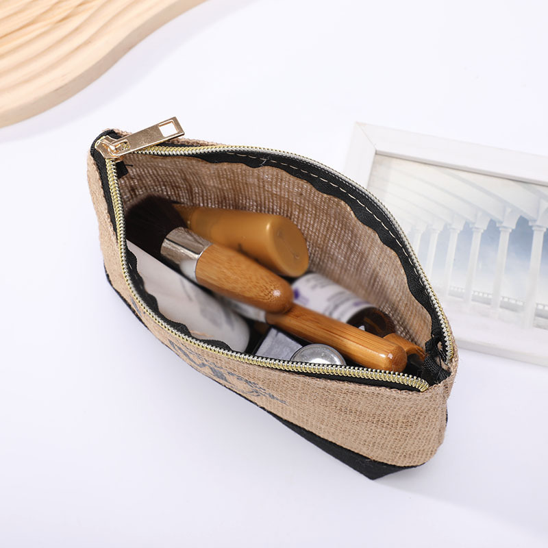 Portable jute zipper coin purse, letter printed makeup storage toiletry bag, key bag_voghion.com