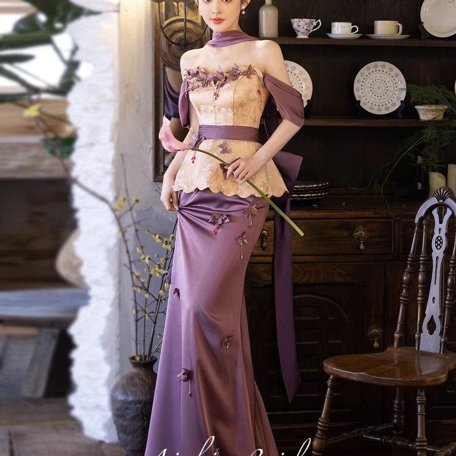 Light Luxury High-End Evening Dress, French One-Shoulder Bridal Toast Dress, Elegant and Slim-Fitting Design Long Skirt