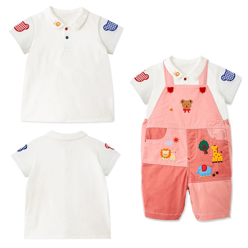 Spot Summer Children's Clothing 2025 New Cartoon Shirt Little Lion Collar Plaid Bear Short-Sleeved Polo Shirt Inner Wear