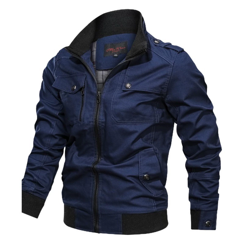 Трансграничная Повседневная однотонная куртка Amazon на молнии с воротником и карманом, куртка больших размеров, мужской тонкий осенний топ из чистого хлопка