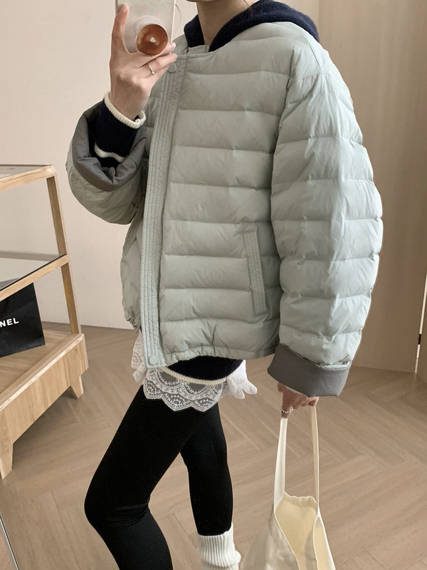 撞色圆领羽绒服女短款2025冬季甜美韩系小个子白鸭绒保暖排骨外套|undefined