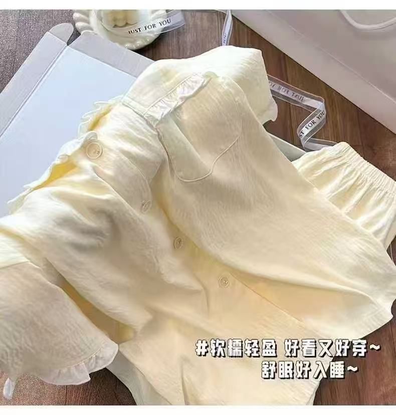 Al por mayor transfronterizo de verano de lótus nubes de algodón pijama con solapa cardigan de mangas cortas pantalones cortos trajes de ropa para el hogar