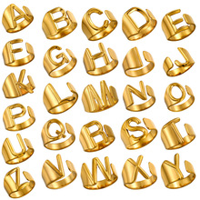 亚马逊跨境26个镂空英文字母戒指不锈钢18K镀金开口宽面钛钢指环