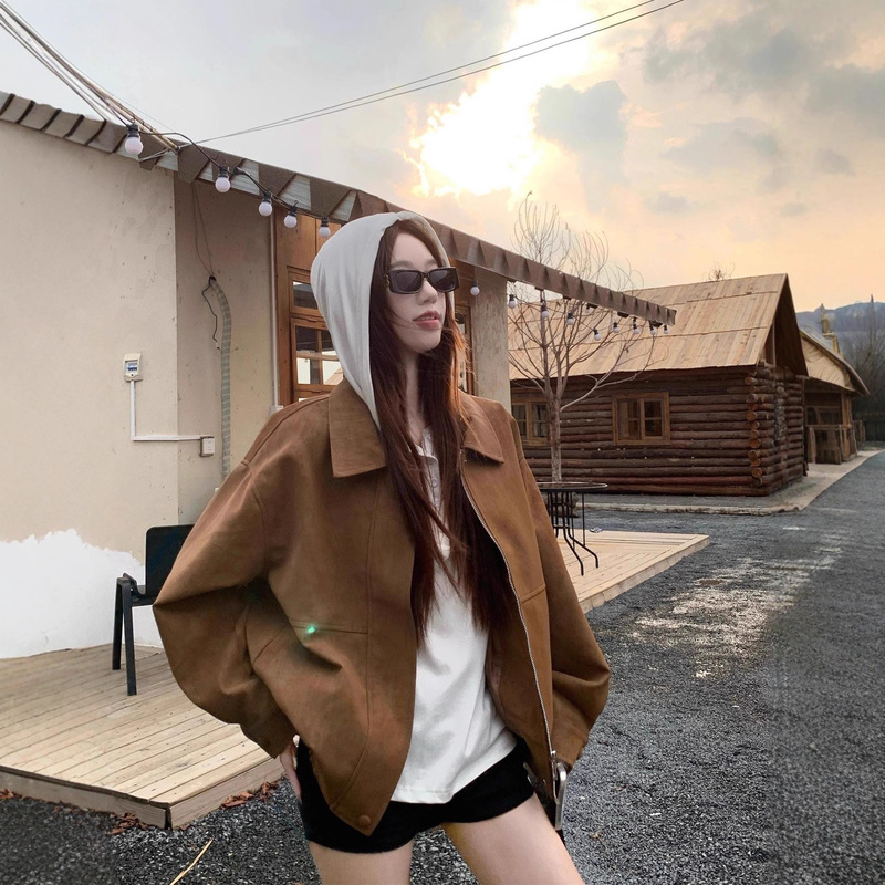 美式复古仿麂皮绒长袖外套女2025秋季新款宽松翻领休闲百搭夹克潮|undefined