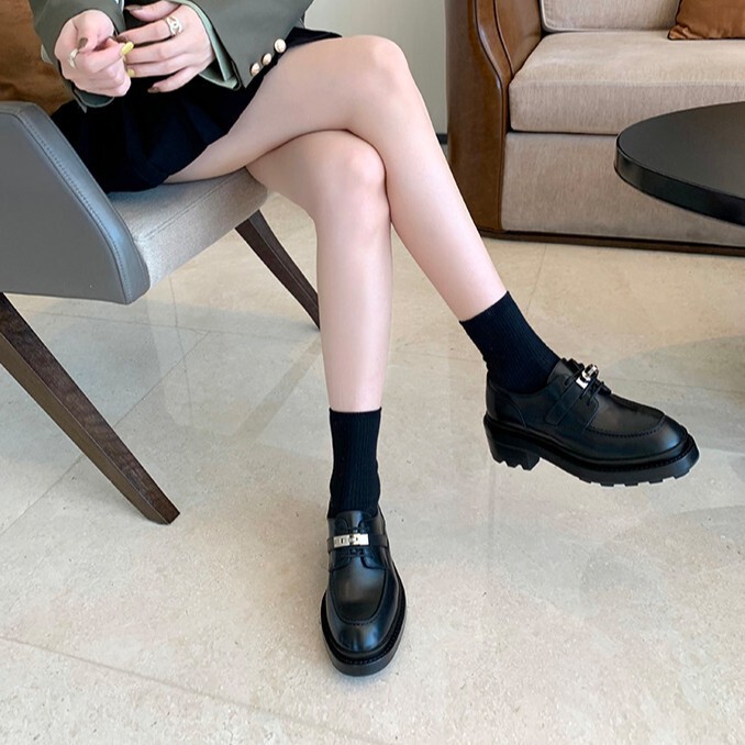 羊皮版~真皮锁扣黑色复古圆头乐福鞋女粗跟英伦风小皮鞋牛津单鞋|undefined