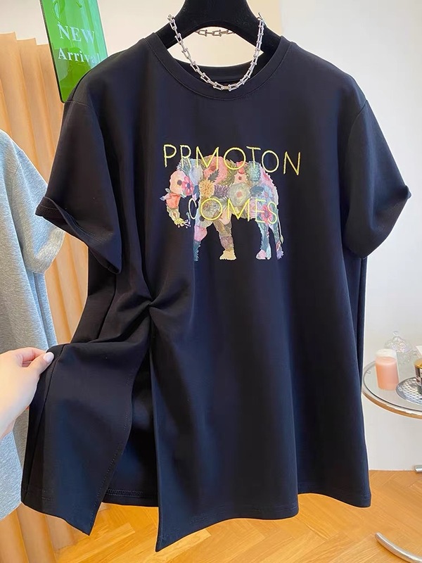 プラスサイズ 120kg 韓国ツイストデザイングレースリットコットン Tシャツレディース半袖夏ルーズラウンドネックトップ|undefined