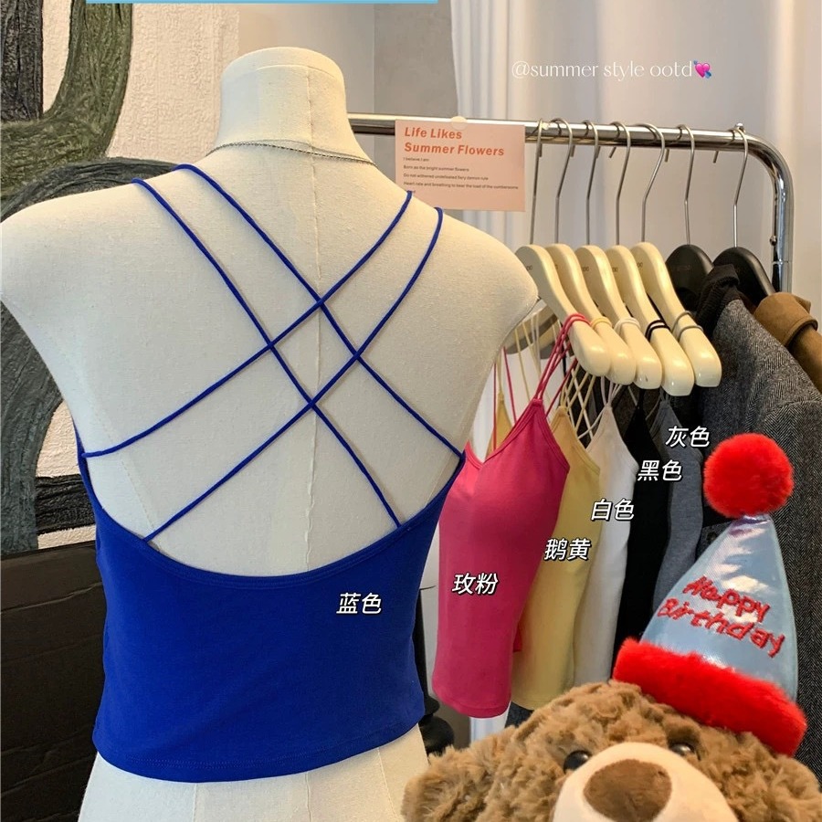 Cross-border Explosive Cross Backless Camisole Vest Women's Outer Wear Sexy Slim Fit with Chest Pad Inner Base Long Top