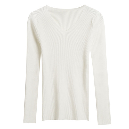 Autumn/Winter V-neck Knit Long Sleeve Slim Fit Bodycon Warm Base Top Women's Trendy Hoodless Sweatshirt