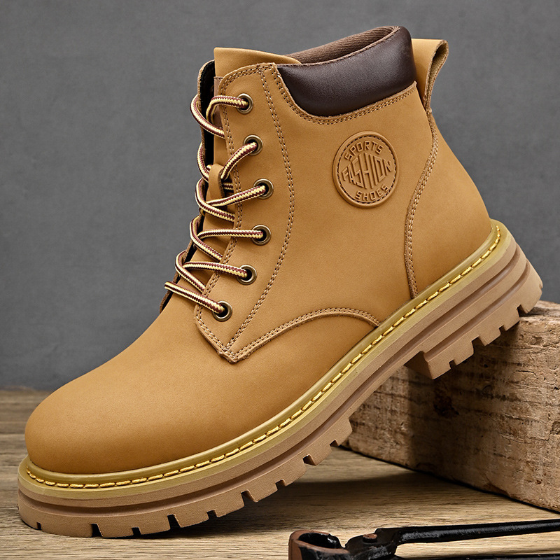 Outdoor casual Martin boots couple's new cowhide rhubarb boots Women's thick-soled mountaineering yellow ankle boots one-piece delivery