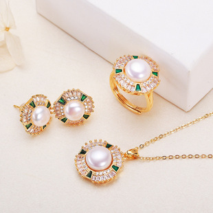 Zhuji Real Pearl Inlaid suit Women's All-match Noble and Elegant Accessories Freshwater Pearl Pendant Ring Earrings suit
