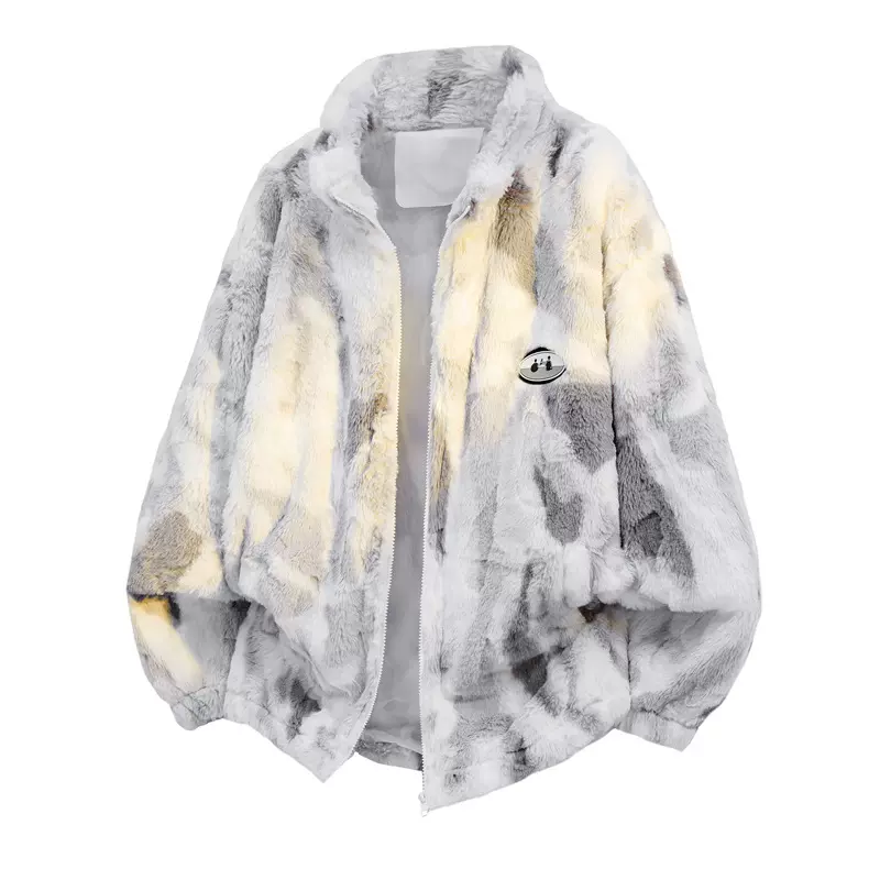 跨境羊羔绒外套男女同款秋冬季百搭宽松扎染加厚情侣立领夹克上衣