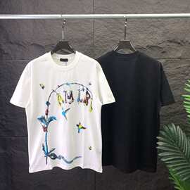欧美时尚潮流百搭短袖纯棉T恤小鸟花卉图案 男女同款现货跨境欧货