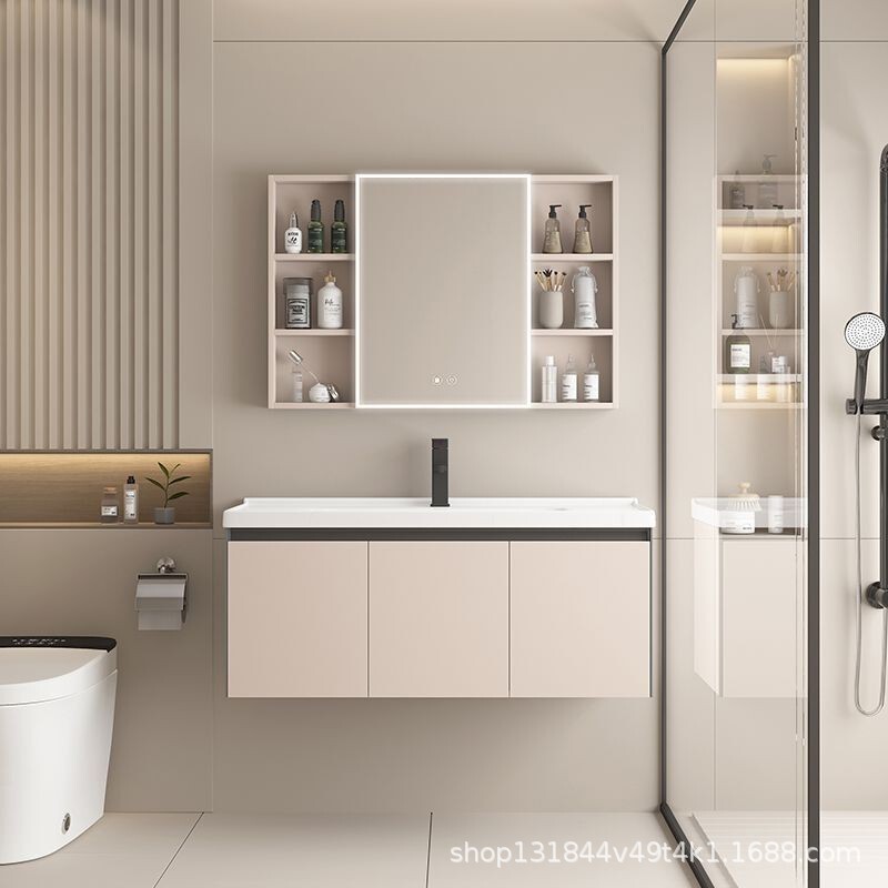 Khaki Flat Bathroom Ceramic Integrated Hand Wash Basin Combination Washstand Smart Mirror Cabinet
