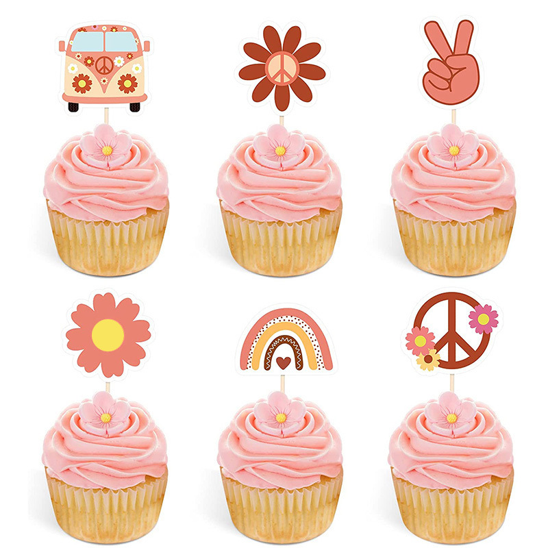 60's anti-war theme cake decoration bohemian style flower school bus birthday party cake card insertion