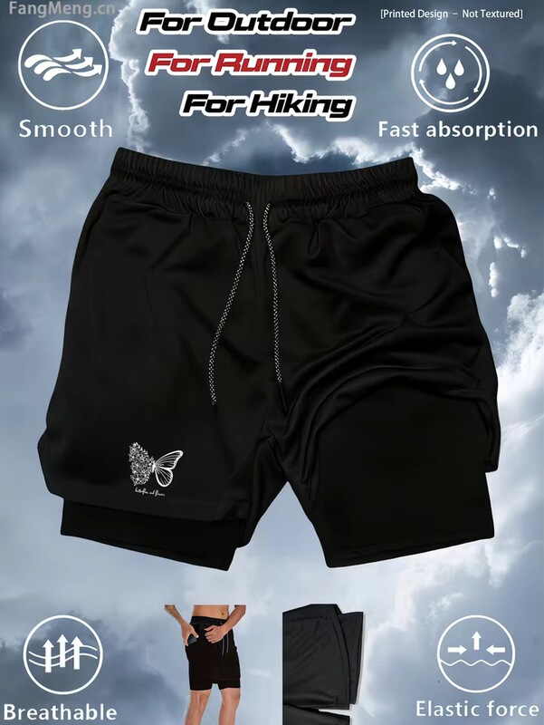 Men's 2-in-1 Printed Athletic Shorts, Gym Workout Running Shorts with Phone Pocket and Towel Loop