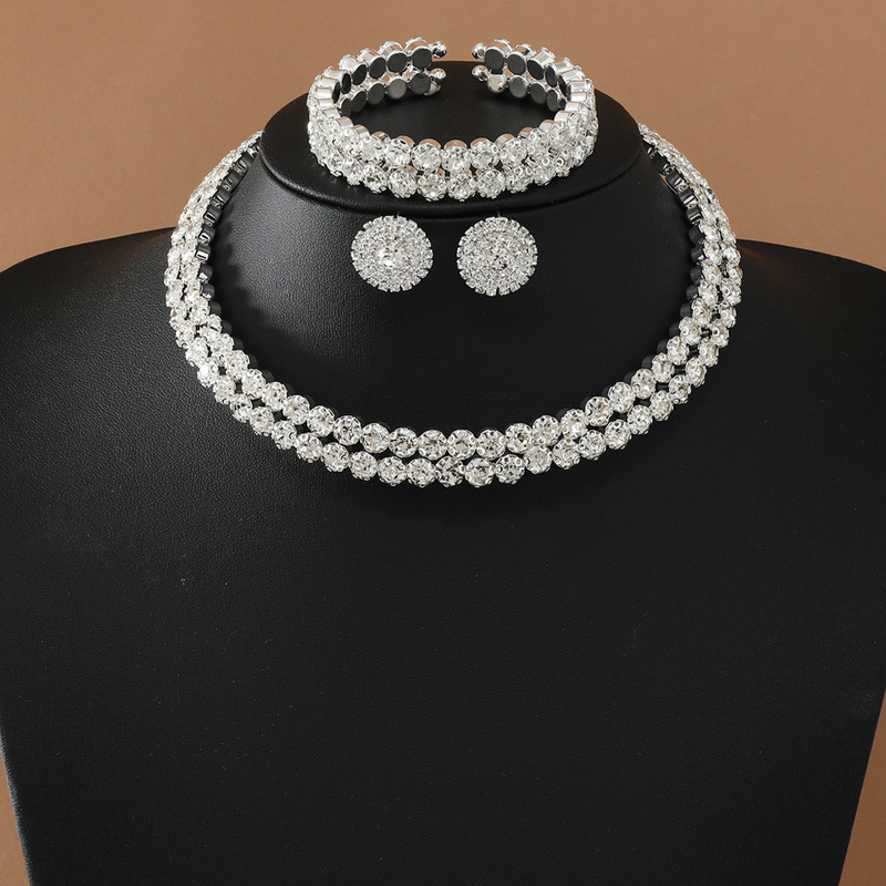 New European and American Best-Selling 1/2 Diamond-Set Gold and Silver Set Necklace, Earrings, Bracelet, High-End, Elegant and Fashionable