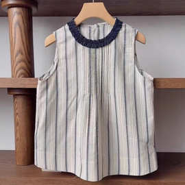 广州十三行高货爆款~盐系条纹色织花型条纹棉撞色花边领无袖衬衫