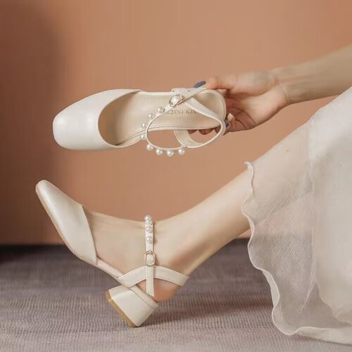 Pearl baotou thick heel sandals female fairy style summer all-matching thick heel gentle middle heel Mary Jane single-layer shoes
