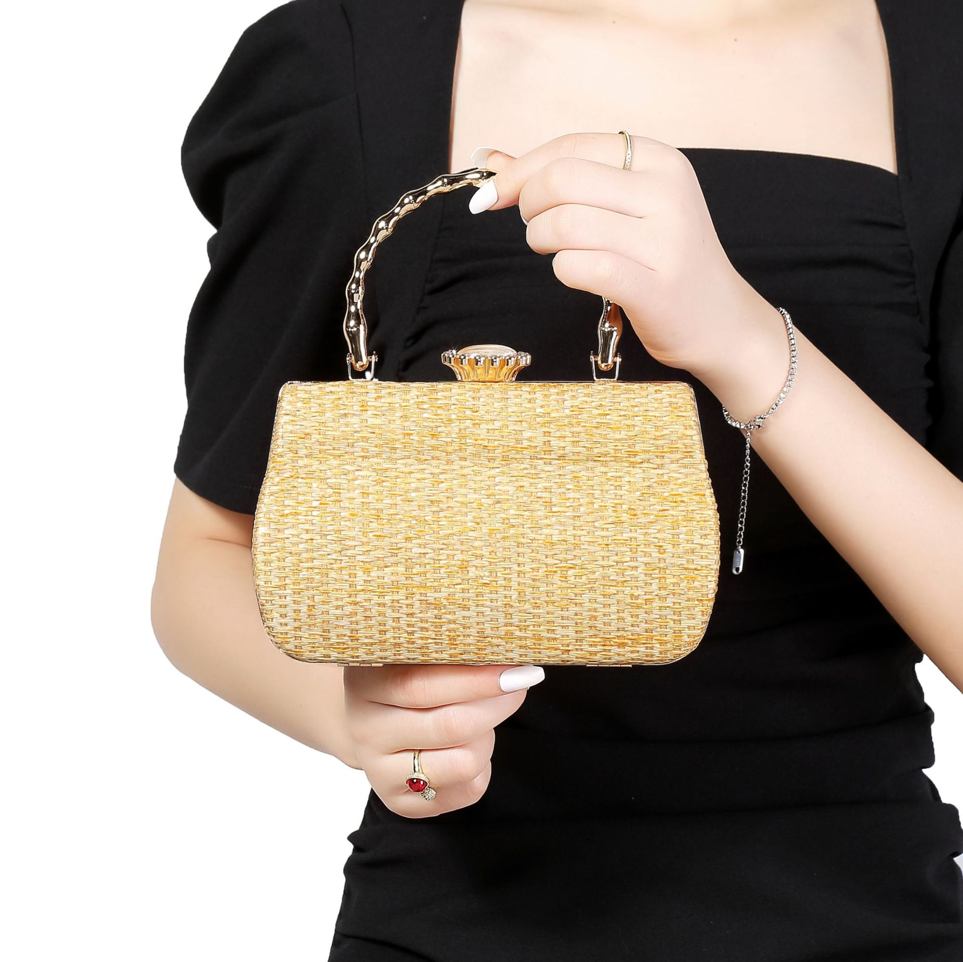 322g Weight Lock clasp Closure Type Ring Handle, Chain Strap Type Evening Bag, Box bag Bags Type Casual Occasion Straw Material Solid Color Pattern All Seasons Season Women's Gender Elegant Style Square Shape Women's Straw Solid Color Elegant Square Lock Clasp Evening Bag Box Bag 8