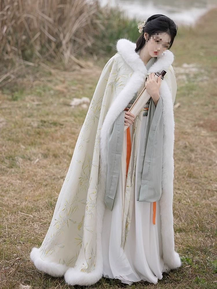 Hanfu женский плащ плащ зимний длинный платок пальто толстый плащ плащ с капюшоном 24 новый плащ