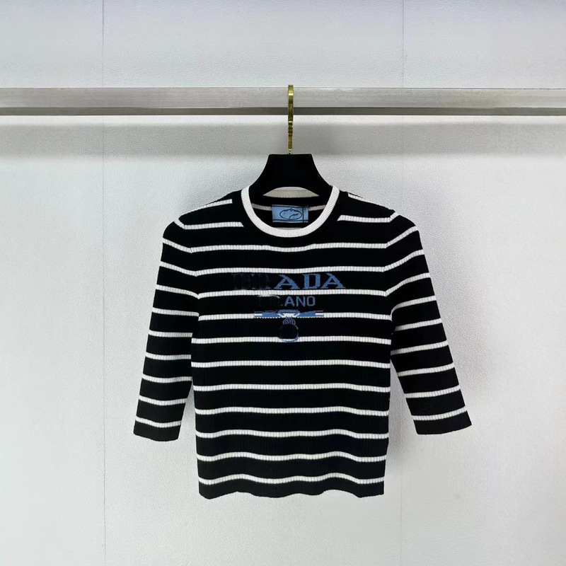 Nanyou High-End Designer French-Style Youthful Waist-Exposing Striped Slim-Fit Mid-Sleeve Wool Top