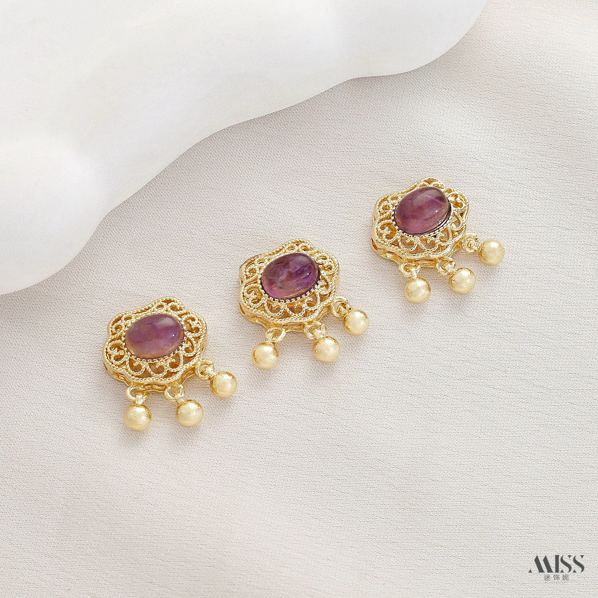 Inlaid with natural amethyst, plated with real gold and thick silver, angel and osmanthus drop-shaped decorative bead pendant DIY jewelry accessories