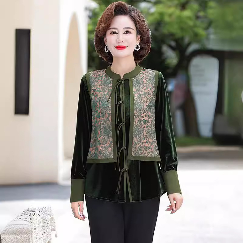 Chinese Style cloud brocade stitching velvet long-sleeved shirt spring and autumn fake two-piece tassel stand collar retro Tang suit top shirt