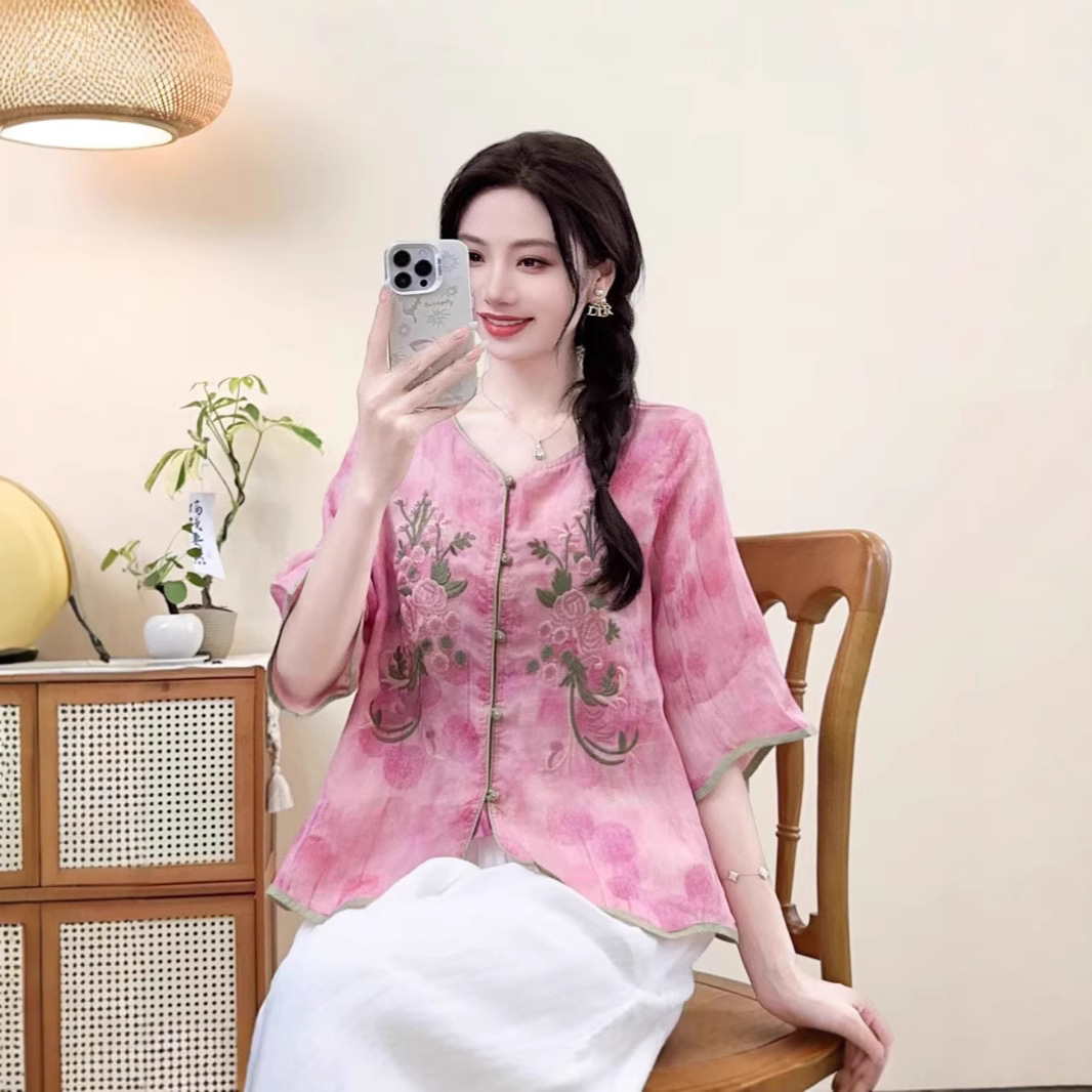 2025夏季新款拼接宽松显瘦苎麻复古印花撞色单排扣五分袖轻薄小衫