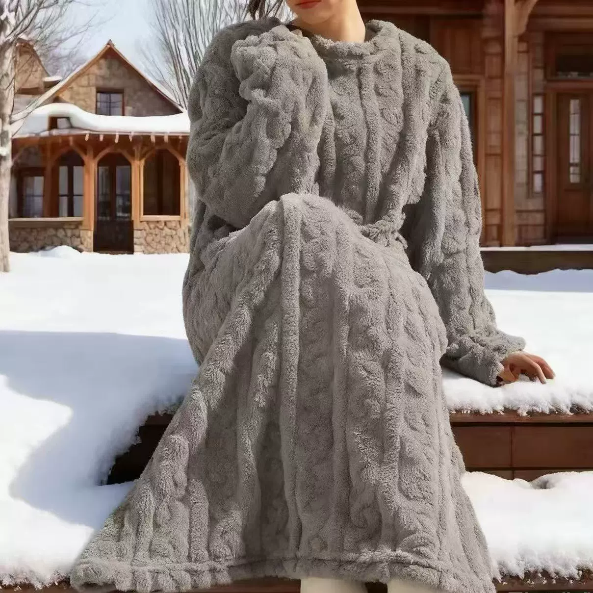 行走的被子冬季新款加长保暖宽松有口袋珊瑚绒家居睡衣睡袍睡裙女