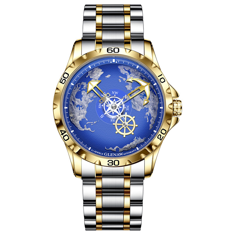 Đồng hồ nam automatic lộ máy dây thép cao cấp — Dây thép vàng Intershell, Dải thép bạc vỏ bạc