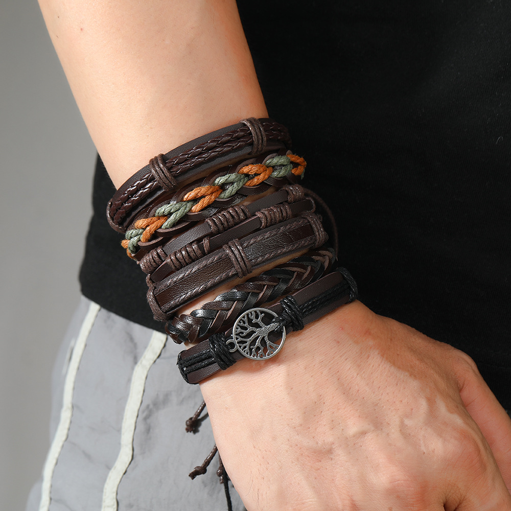 Geometric, Life Tree Pattern Retro Geometric Life Tree Pu Leather Alloy Wax Line Braid Men's Bracelets Drawstring Bracelets Men Cord & Leather Bracelets