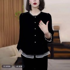 一件代发直播爆款2025秋季新款时尚拼色洋气丝绒打底衫妈妈装上衣