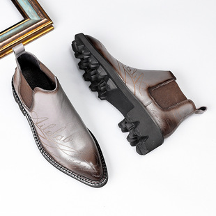 Autumn and Winter new cowhide Martin boots men's low-top Chelsea ankle boots pointed toe slip-on high-top leather shoes Gray