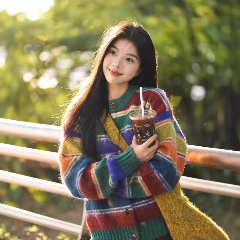 Retro Color Striped Sweater Tops Women's Autumn and Winter New Korean Style Loose Lazy Style Knitted Sweater Cardigan Top