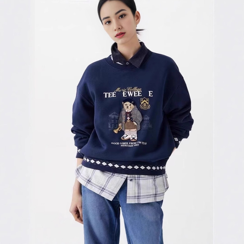 25 New Winter Style Plaid Pattern Splicing One-Piece Velvet Round-Neck Top City Bear Fleece Sweatshirt Ttma258Tcck