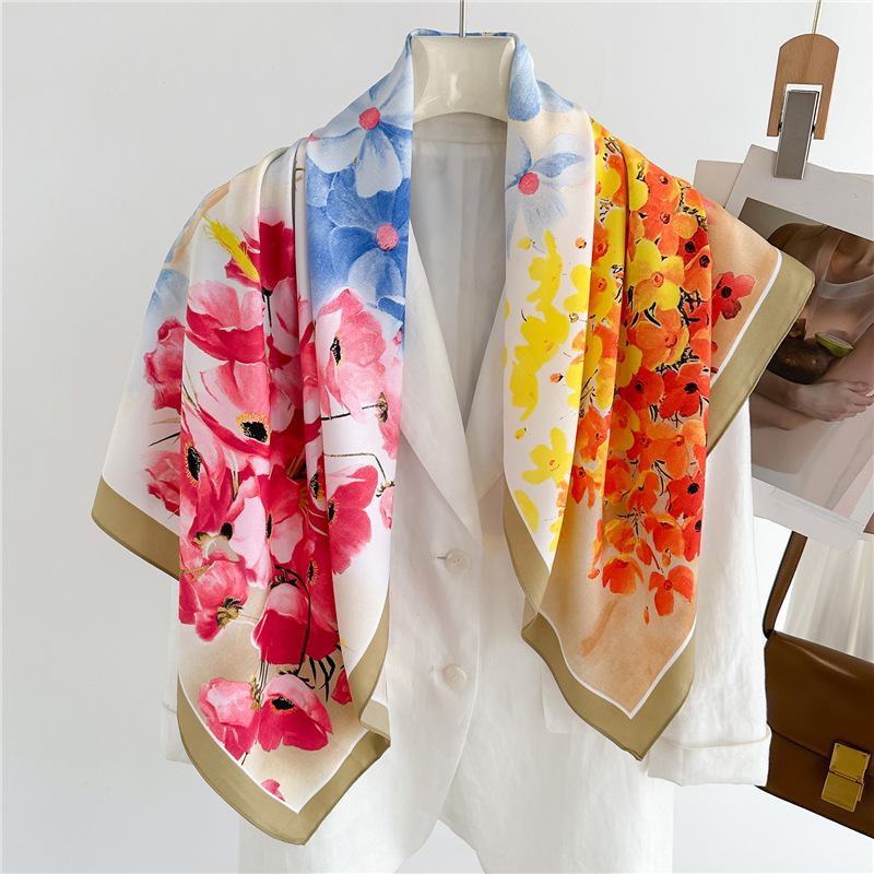 Sciarpa di seta da 90 cm, modello in twill di velluto, moda floreale, scialle da viaggio primavera/estate, protezione solare, pendolarismo semplice_voghion.com