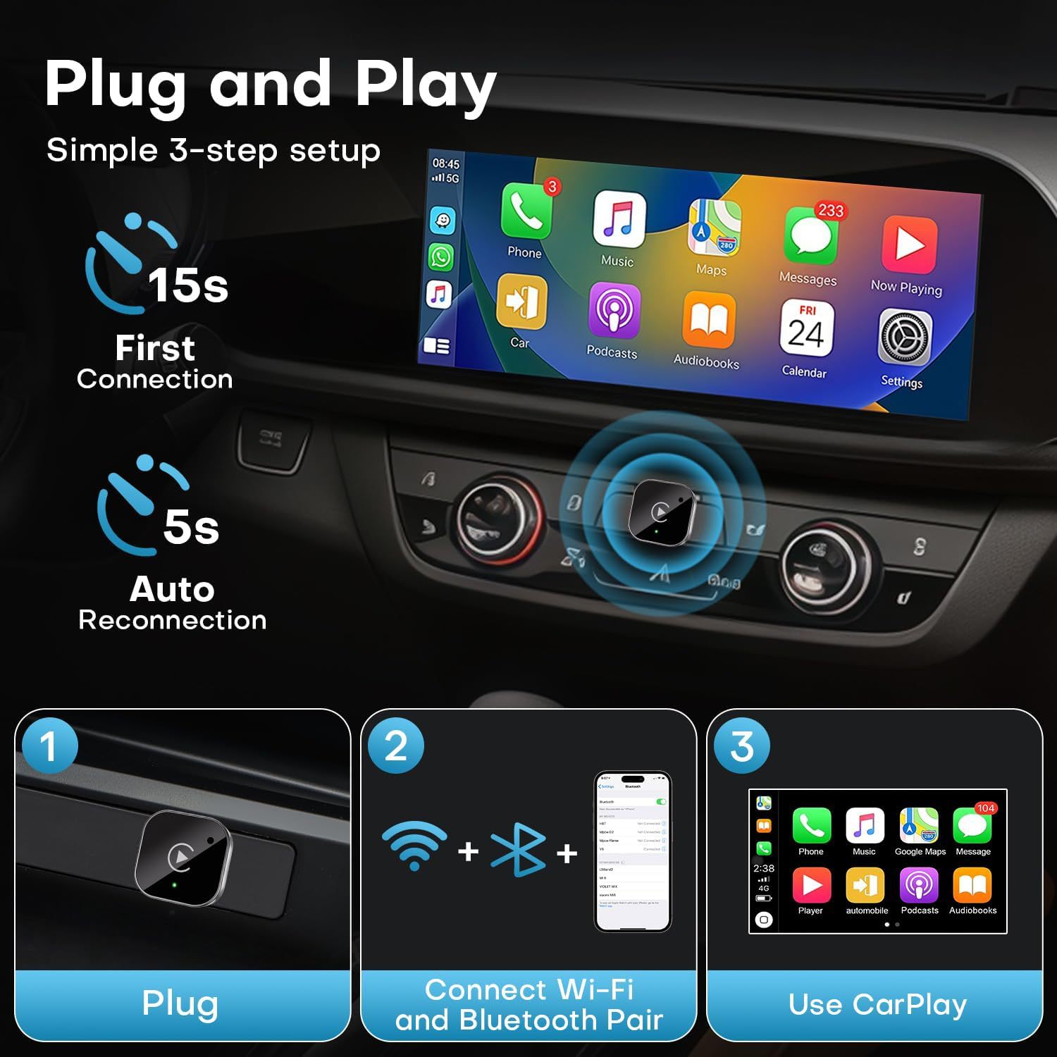 Wireless Carplay Adapter Compatible with Android Auto Wireless Connection Car Adapter, Stable and Fast