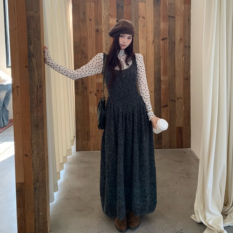 In-Stock Real Photos Korean-Style Waist-Slimming Sweater Camisole Dress Versatile High-Elastic Mesh Polka Dot T-Shirt Set