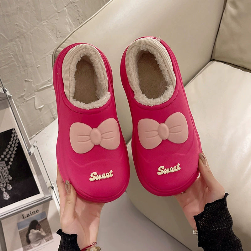 Женские туфли на толстой подошве с хлопковой подкладкой для верхней одежды 2023 осень-зима Новые милые домашние теплые носки на флисовой подкладке с бантом