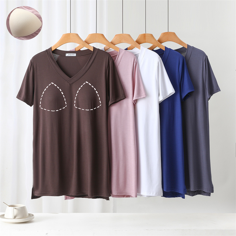 Modal thin V-neck short sleeve with chest pad lengthened T-shirt women's plus size over-hip top solid color pullover bottoming shirt