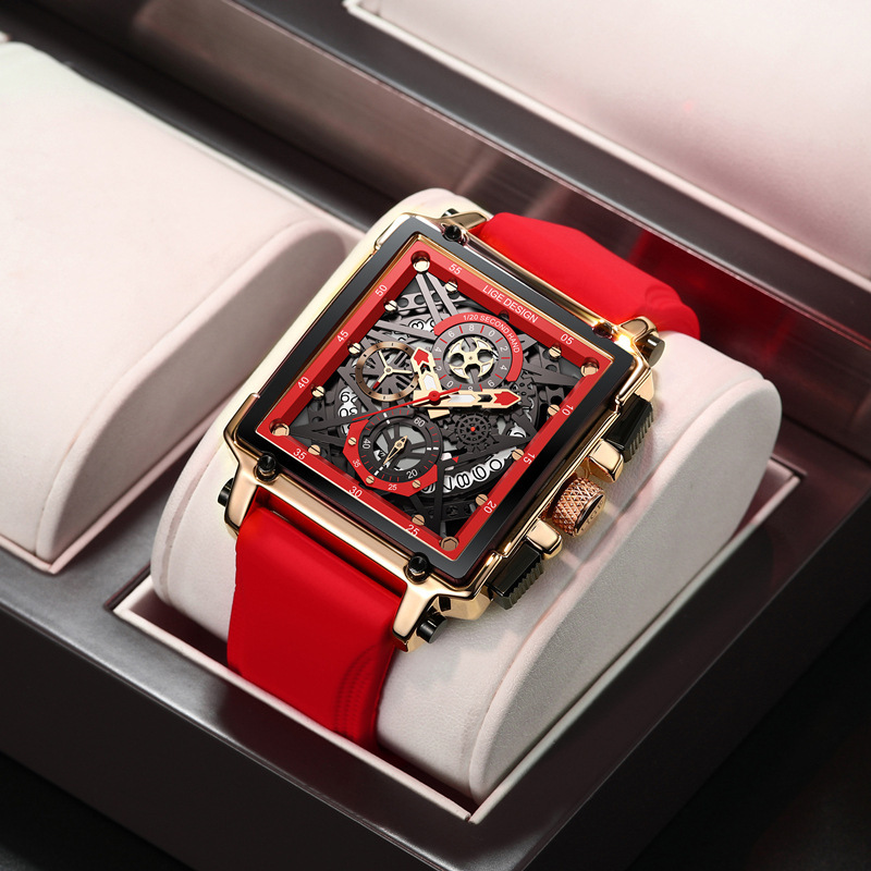 Square Hollow-Out Watch Men's Wristwatch Waterproof Luminous Quartz Watch Cross-Border Wholesale Calendar Large Dial High Aesthetic Value