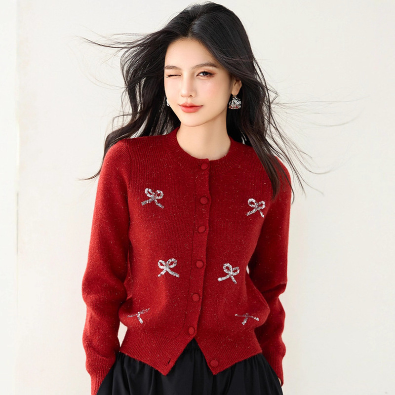 R5335跨境女装厂家红色毛衣女高级感秋季圆领慵懒风针织开衫上衣|undefined