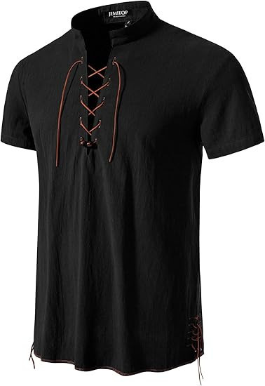 Men's 2025 New Amazon Men's Cotton and Linen Henley Shirt Short Sleeve Hippie Casual Beach Stand Collar Shirt European Size