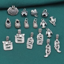 S925纯银水墨黑如意锁老虎鞋子龙牌吊坠 复古做旧DIY手工串珠材料