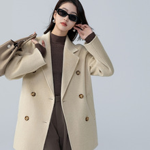 M家经典廓形双面骆驼绒大衣女小个子双排扣高端毛呢外套宽松短款