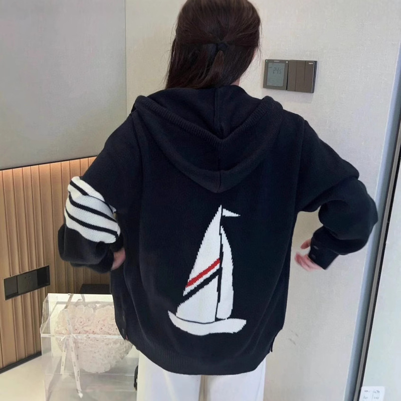 Correct Top Version 1.1 Tom Brown Tb Sailing Hooded Cardigan Color-Blocked Zip-Up Knit Sweater Jacket