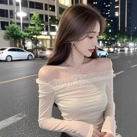 TZ5950纯欲辣妹风一字肩网纱长袖t恤女设计感小个子修身短款上衣