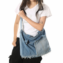 斜挎包日系复古水洗牛仔布背包男潮牌大容量单肩包女手提包托特包